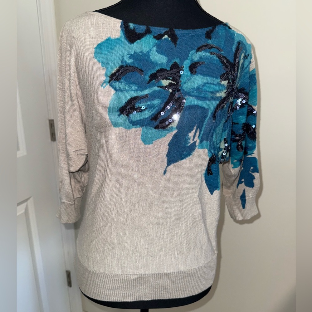 INC Beige quarter-sleeve top with Blue Floral & Sequin Detail